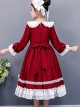 Doll Collar White Lace Wine Red Classic Lolita Long Sleeve Dress