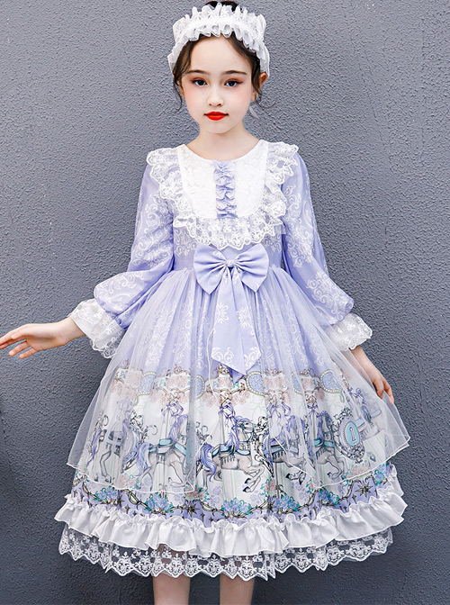 Purple Merry-go-round Printing White Lace Sweet Lolita Long Sleeve Dress