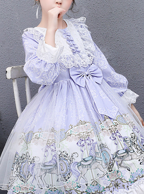 Purple Merry-go-round Printing White Lace Sweet Lolita Long Sleeve Dress