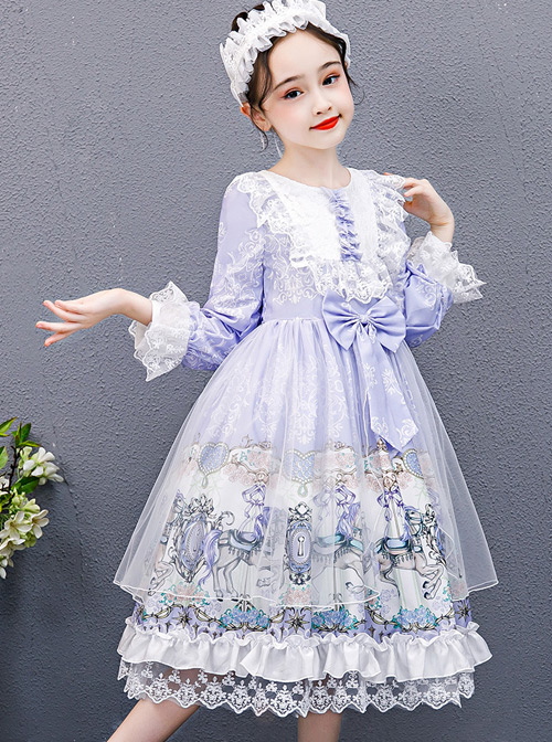 Purple Merry-go-round Printing White Lace Sweet Lolita Long Sleeve Dress