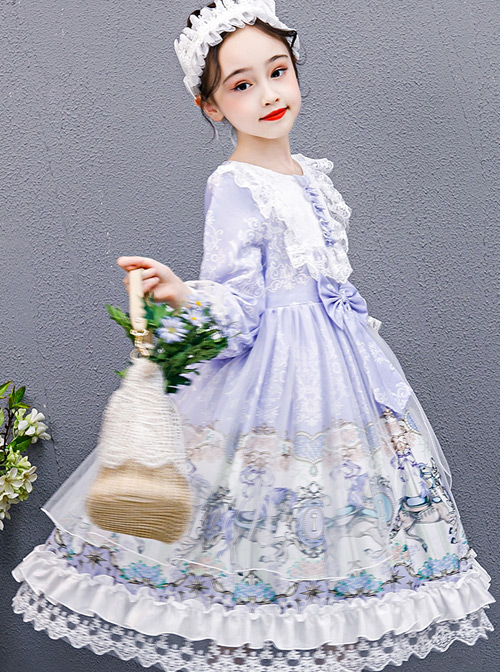 Purple Merry-go-round Printing White Lace Sweet Lolita Long Sleeve Dress