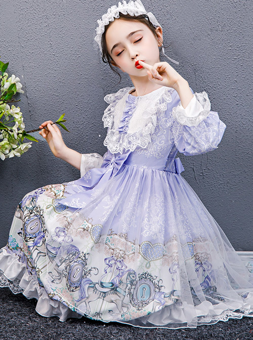 Purple Merry-go-round Printing White Lace Sweet Lolita Long Sleeve Dress