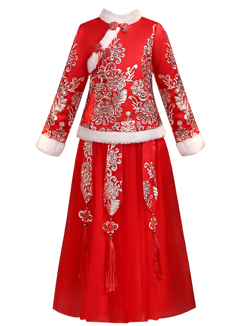 White Plush Collar Red Chinese Style Warm Dress Children Long Hanfu