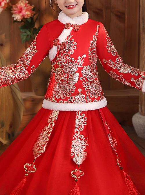 White Plush Collar Red Chinese Style Warm Dress Children Long Hanfu