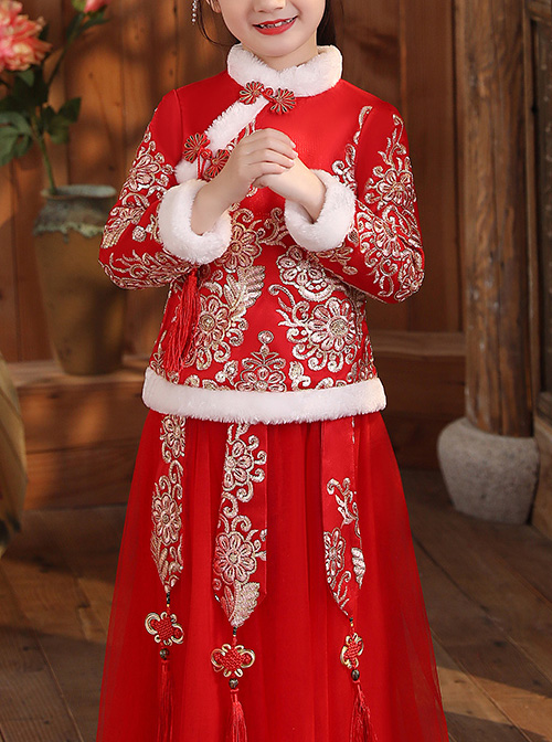 White Plush Collar Red Chinese Style Warm Dress Children Long Hanfu