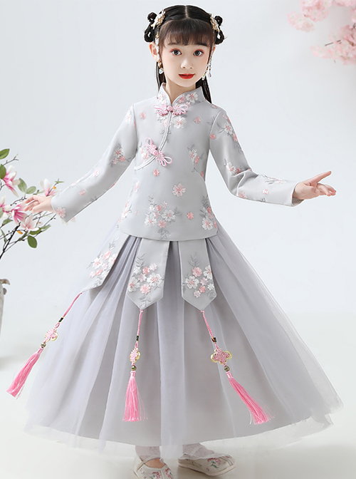 Children Elegant Flower Embroidery Gray Long Sleeve Chinese Style Long Dress