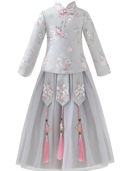 Children Elegant Flower Embroidery Gray Long Sleeve Chinese Style Long Dress