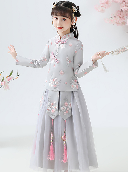 Children Elegant Flower Embroidery Gray Long Sleeve Chinese Style Long Dress