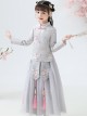 Children Elegant Flower Embroidery Gray Long Sleeve Chinese Style Long Dress