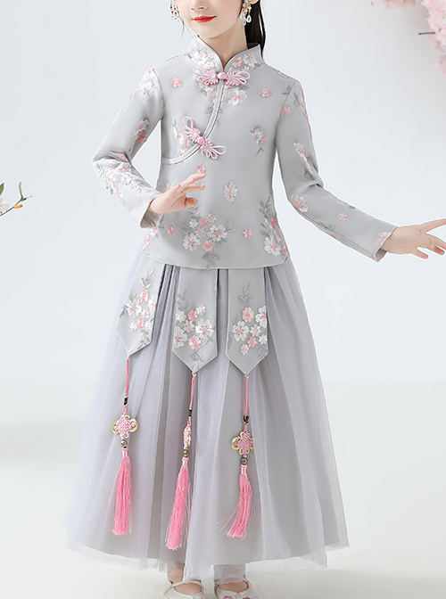 Children Elegant Flower Embroidery Gray Long Sleeve Chinese Style Long Dress