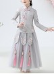 Children Elegant Flower Embroidery Gray Long Sleeve Chinese Style Long Dress