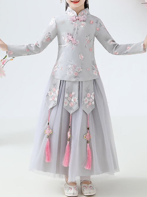 Children Elegant Flower Embroidery Gray Long Sleeve Chinese Style Long Dress