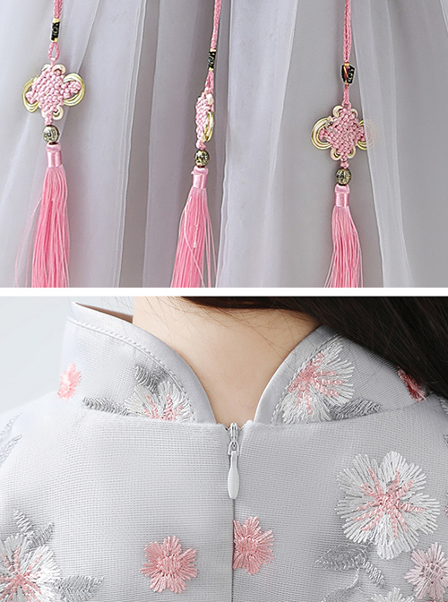 Children Elegant Flower Embroidery Gray Long Sleeve Chinese Style Long Dress