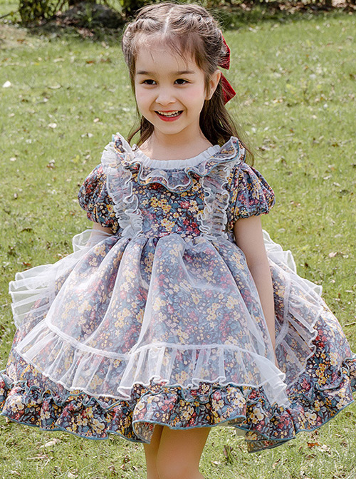 Cute Small Floral Printing Ruffle Kids Sweet Lolita Short Sleeve Dress