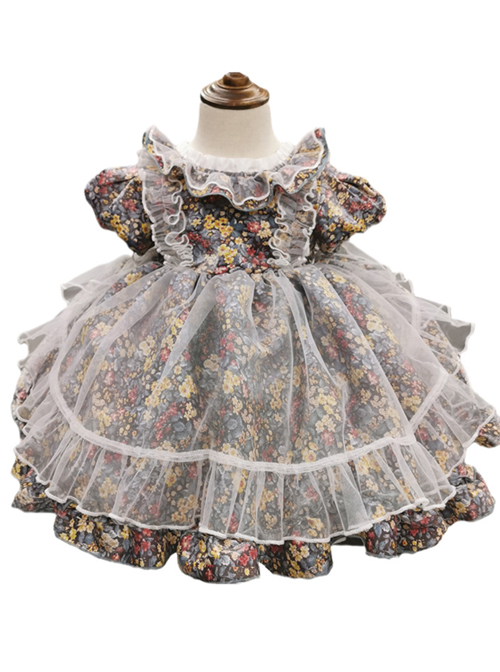 Cute Small Floral Printing Ruffle Kids Sweet Lolita Short Sleeve Dress