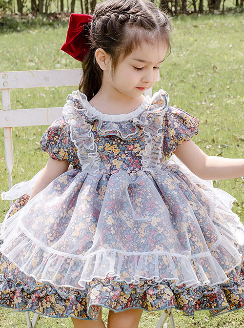 Cute Small Floral Printing Ruffle Kids Sweet Lolita Short Sleeve Dress