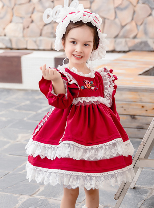 White Lace Red Velour Embroidery Kids Classic Lolita Long Sleeve Dress