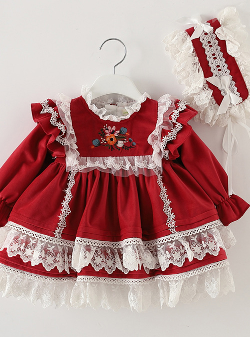 White Lace Red Velour Embroidery Kids Classic Lolita Long Sleeve Dress