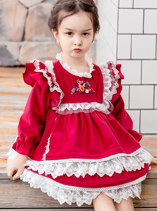 White Lace Red Velour Embroidery Kids Classic Lolita Long Sleeve Dress