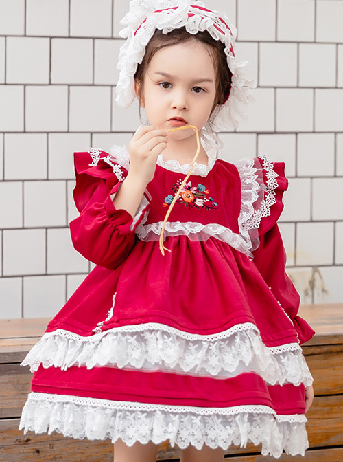 White Lace Red Velour Embroidery Kids Classic Lolita Long Sleeve Dress