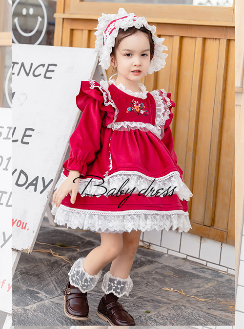 White Lace Red Velour Embroidery Kids Classic Lolita Long Sleeve Dress