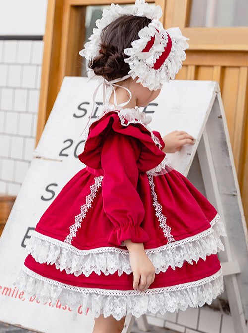 White Lace Red Velour Embroidery Kids Classic Lolita Long Sleeve Dress