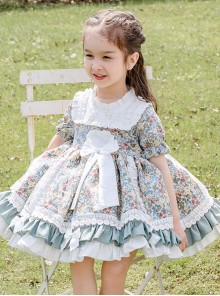 Green Small Floral Printing White Bowknot Kids Classic Lolita Short Sleeve Dress