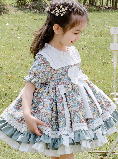 Green Small Floral Printing White Bowknot Kids Classic Lolita Short Sleeve Dress