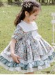 Green Small Floral Printing White Bowknot Kids Classic Lolita Short Sleeve Dress