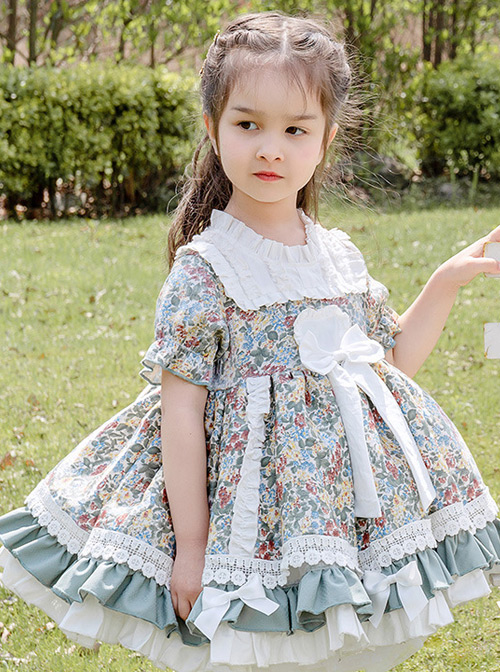 Green Small Floral Printing White Bowknot Kids Classic Lolita Short Sleeve Dress