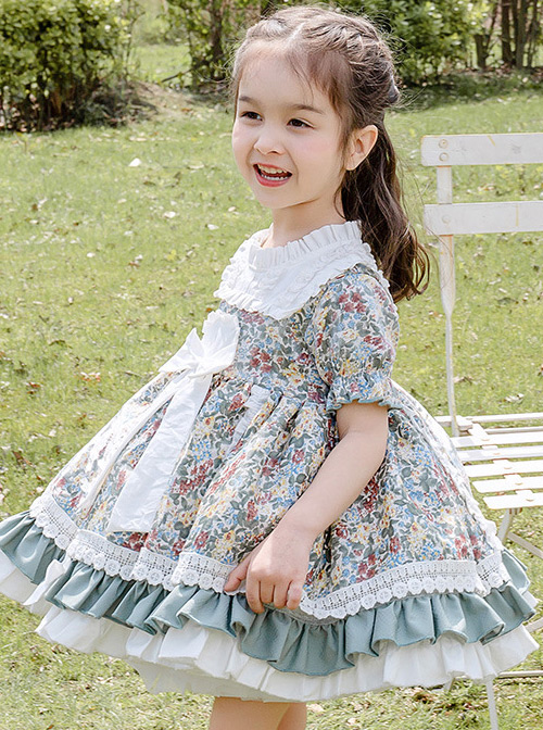 Green Small Floral Printing White Bowknot Kids Classic Lolita Short Sleeve Dress