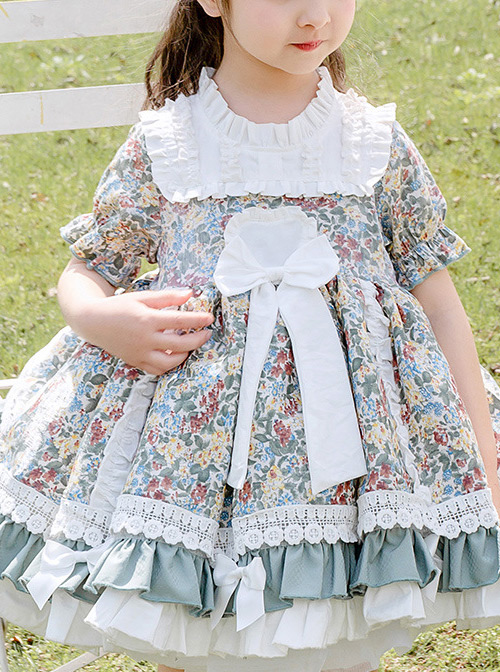 Green Small Floral Printing White Bowknot Kids Classic Lolita Short Sleeve Dress