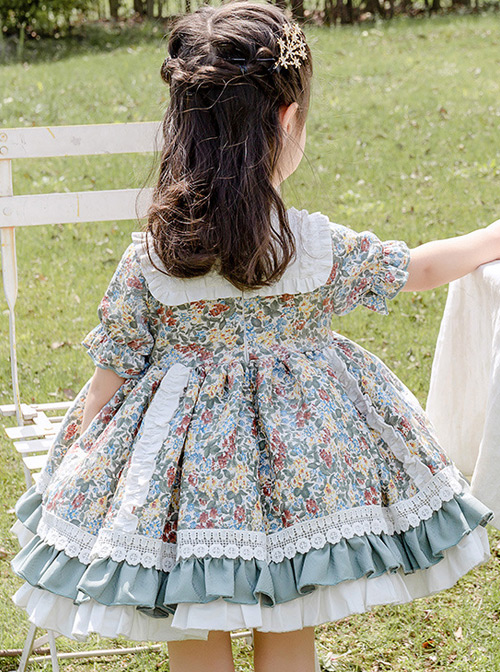 Green Small Floral Printing White Bowknot Kids Classic Lolita Short Sleeve Dress