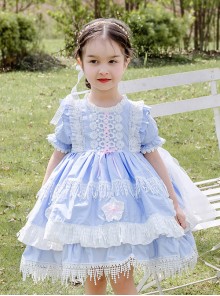 White Lace Tassel Hem Kids Sweet Lolita Blue Short Sleeve Dress