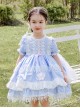 White Lace Tassel Hem Kids Sweet Lolita Blue Short Sleeve Dress