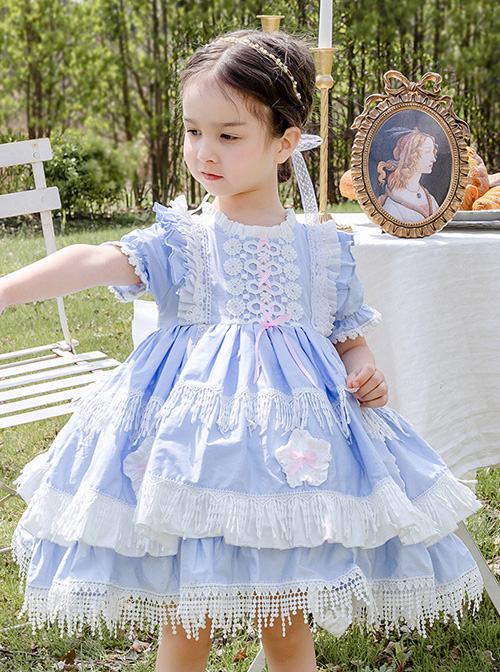 White Lace Tassel Hem Kids Sweet Lolita Blue Short Sleeve Dress