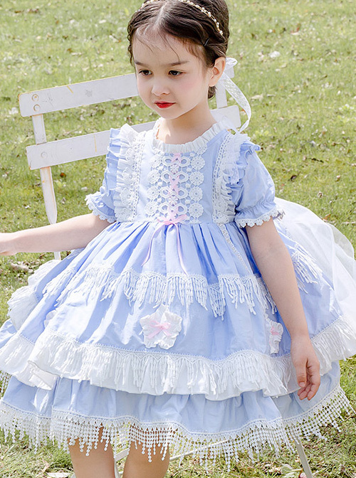 White Lace Tassel Hem Kids Sweet Lolita Blue Short Sleeve Dress