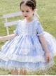 White Lace Tassel Hem Kids Sweet Lolita Blue Short Sleeve Dress