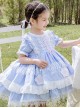 White Lace Tassel Hem Kids Sweet Lolita Blue Short Sleeve Dress