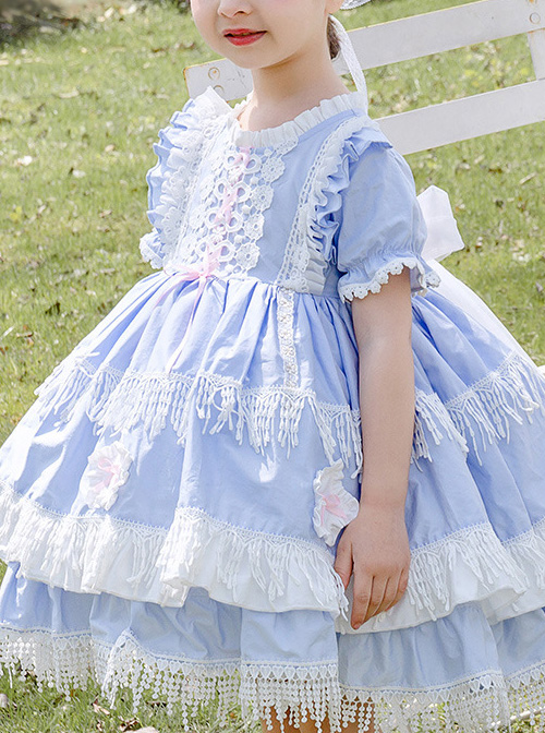 White Lace Tassel Hem Kids Sweet Lolita Blue Short Sleeve Dress