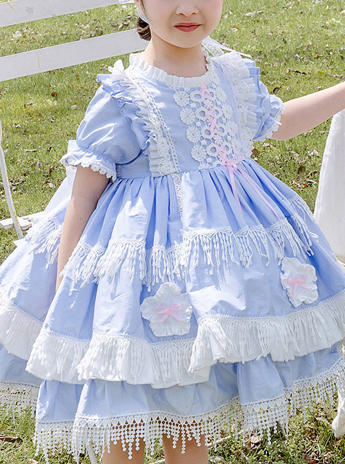 White Lace Tassel Hem Kids Sweet Lolita Blue Short Sleeve Dress