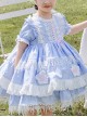 White Lace Tassel Hem Kids Sweet Lolita Blue Short Sleeve Dress