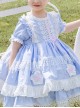 White Lace Tassel Hem Kids Sweet Lolita Blue Short Sleeve Dress