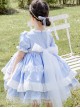 White Lace Tassel Hem Kids Sweet Lolita Blue Short Sleeve Dress
