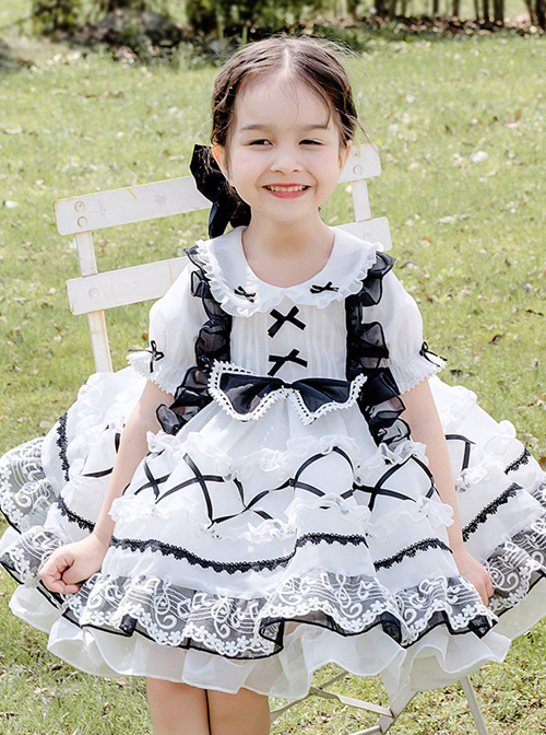 White Musical Note Lace Black Bowknot Children Sweet Lolita Doll Collar Short Sleeve Dress