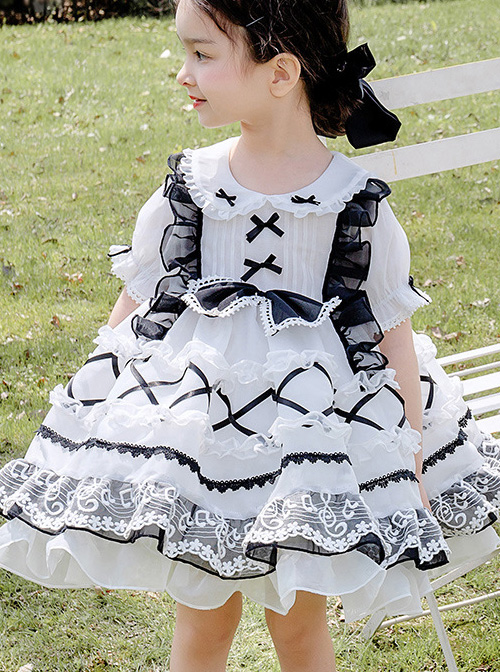 White Musical Note Lace Black Bowknot Children Sweet Lolita Doll Collar Short Sleeve Dress