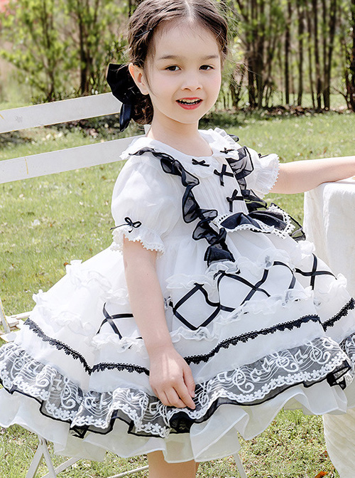 White Musical Note Lace Black Bowknot Children Sweet Lolita Doll Collar Short Sleeve Dress