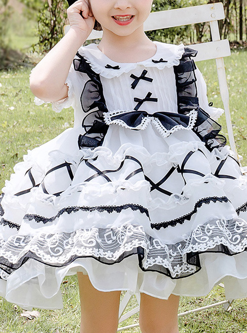 White Musical Note Lace Black Bowknot Children Sweet Lolita Doll Collar Short Sleeve Dress