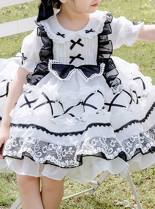 White Musical Note Lace Black Bowknot Children Sweet Lolita Doll Collar Short Sleeve Dress