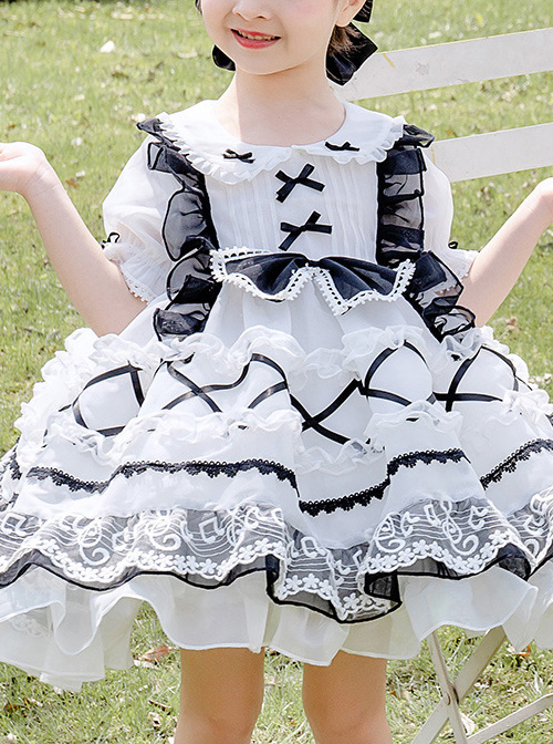 White Musical Note Lace Black Bowknot Children Sweet Lolita Doll Collar Short Sleeve Dress